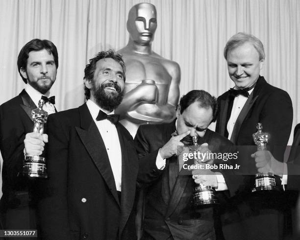 Best Visual Effects Winners for 'Return of the Jedi' Richard Enlund, Ken Ralston, Dennis Muren, Phil Tippet with presenters Cheech Marin and Tommy...