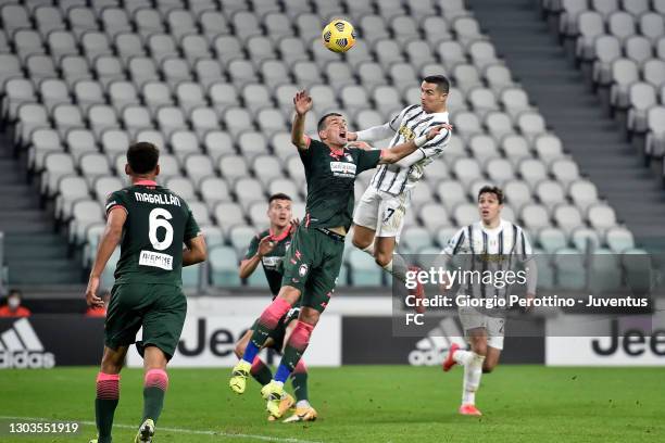 Cristiano Ronaldo of Juventus scores his team's second goal during the Serie A match between Juventus and FC Crotone at Allianz Stadium on February...