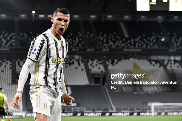 Cristiano Ronaldo of Juventus celebrates after scoring his team's second goal during the Serie A match between Juventus and FC Crotone at Allianz...