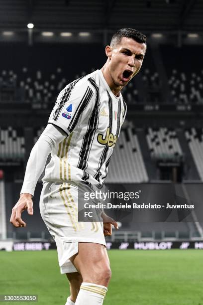Cristiano Ronaldo of Juventus celebrates after scoring his team's second goal during the Serie A match between Juventus and FC Crotone at Allianz...