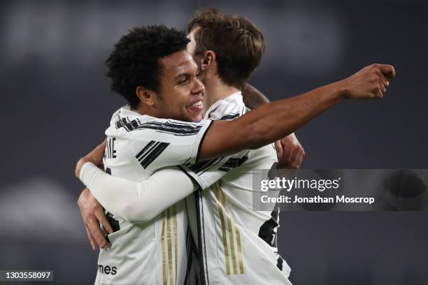 Weston McKennie of Juventus performs his Harry Potter magic wand celebration after scoring to give the side a 3-0 lead during the Serie A match...