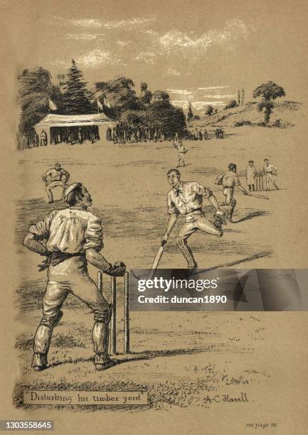 victorian cricket match, batsman run out by wicket keeper, 19th century - dismissal cricket stock illustrations