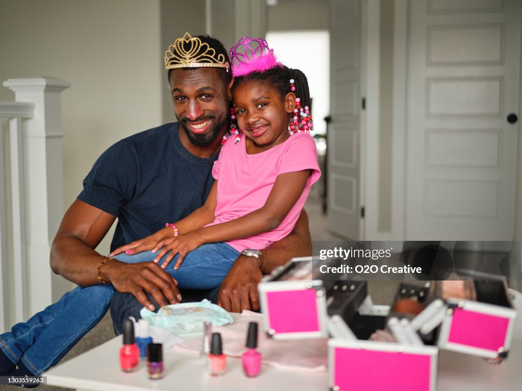 Dad and Daughter Playtime Dress-up and Putting on Makeup