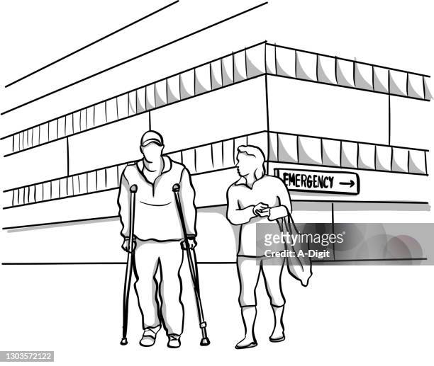 leaving hospital emergency on crutches - limping stock illustrations