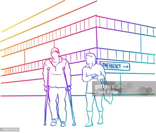 leaving hospital emergency on crutches rainbow - limping stock illustrations