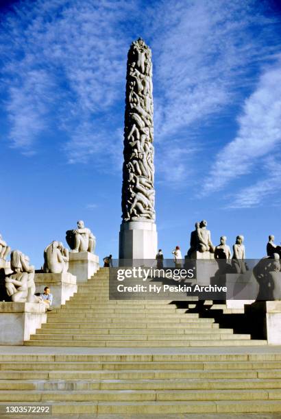 General view of the famous monolith located at Sculpture park in the Frogner Park with more than 200 sculptures by Gustav Vigeland in bronze, granite...