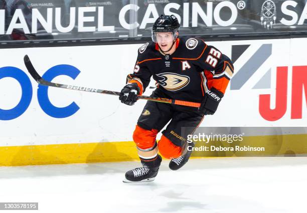 Jakob Silfverberg of the Anaheim Ducks skates against the Minnesota Wild during the third period of the game at Honda Center on February 20, 2021 in...