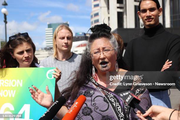 Green Party MP Dr Elizabeth Kerekere, flanked by fellow MP Chloe Swarbrick and LGBTQi activists Adeline Greig and Shaneel Lal talks to reporters in...