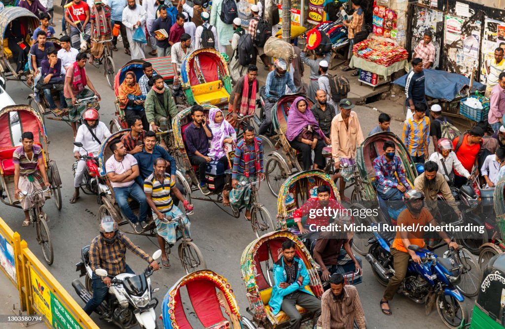 Overcrowded completely with rickshaws, a street in the center of Dhaka, Bangladesh, Asia