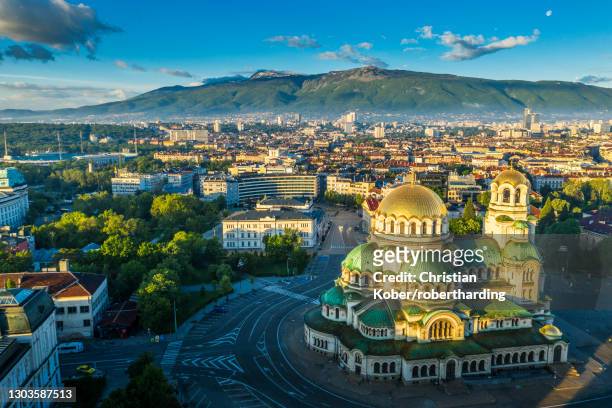 aerial view by drone, alexander nevsky russian orthodox cathedral, sofia, bulgaria, europe - bulgaria photos et images de collection