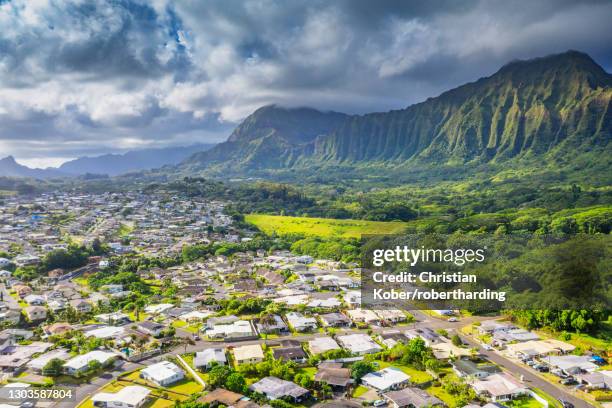 aerial view by drone of kailua town, oahu island, hawaii, united states of america, north america - kailua foto e immagini stock