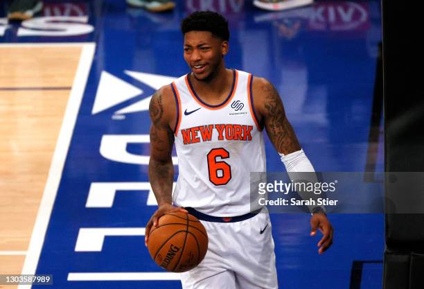 Elfrid Payton of the New York Knicks reacts during the second half against the Minnesota Timberwolves at Madison Square Garden on February 21, 2021...