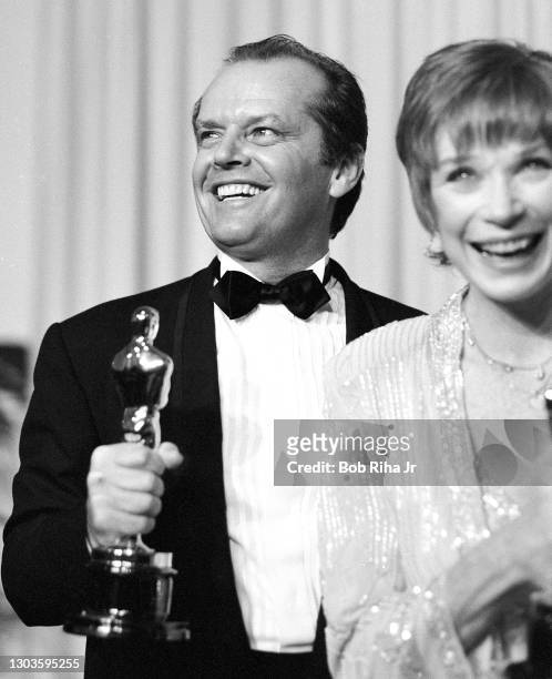 Shirley MacLaine Jack Nicholson enjoy a winning moment together backstage at the 56th Annual Academy Awards Show, April 9, 1984 in Los Angeles,...