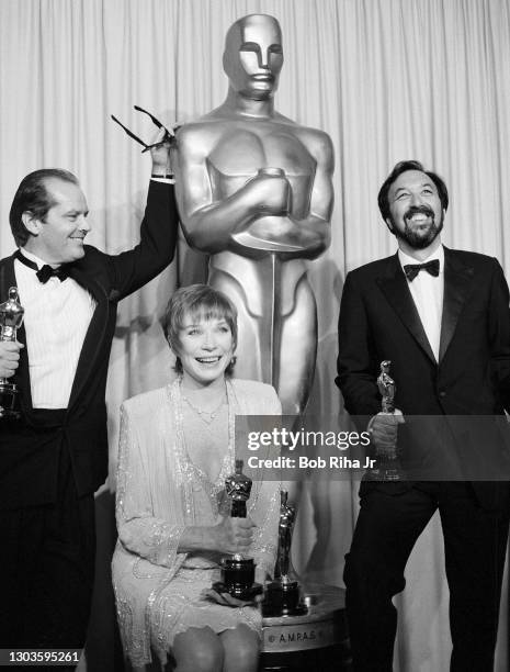 Shirley MacLaine Jack Nicholson and James L. Brooks enjoy a winning moment together backstage at the 56th Annual Academy Awards Show, April 9, 1984...