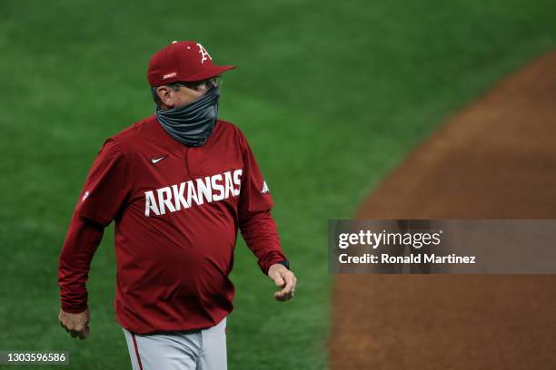 Head coach Dave Van Horn of the Arkansas Razorbacks during the 2021 State Farm College Baseball Showdown at Globe Life Field on February 22, 2021 in...