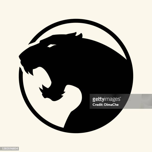 stockillustraties, clipart, cartoons en iconen met zwarte luipaard, panterhoofd - vector sneed silhouet in cirkel uit - leopard