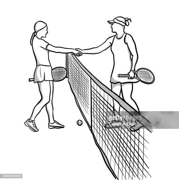 ilustraciones, imágenes clip art, dibujos animados e iconos de stock de womentennismatchhandshake - atuendo de tenis