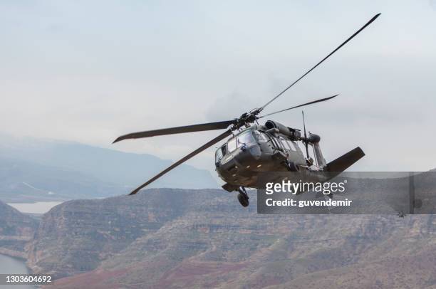 uh-60 black hawk helicóptero militar volando - industria de la defensa fotografías e imágenes de stock