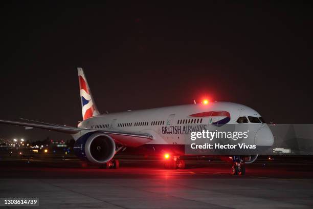 An airplane of British Airways lands with the first 200,000 doses of the Sputnik V Covid-19 vaccine at Benito Juarez International Airport on...