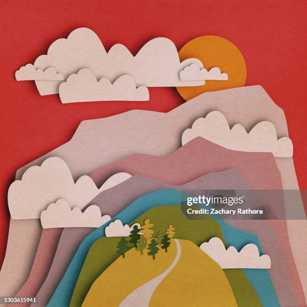 paper cutout mountains - papierhandwerk stock-fotos und bilder
