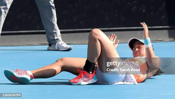 Misaki Doi of Japan falls after playing a shot against Anna Blinkova from Russia during day two of the Adelaide International WTA 500 at Memorial...