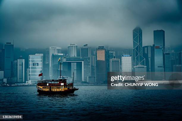 low visibility on victoria harbour in hong kong - climate change money stock pictures, royalty-free photos & images
