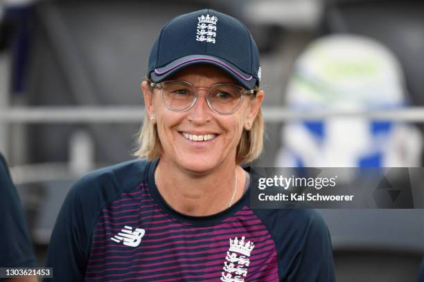 Head Coach Lisa Keightley of England reacts after the win in game one of the One Day International series between New Zealand and England at Hagley...