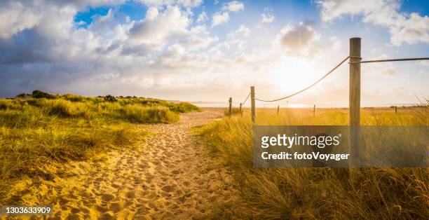 caminho arenoso através de dunas de verão para o nascer do sol da praia do oceano idílico - jurassic coast - fotografias e filmes do acervo