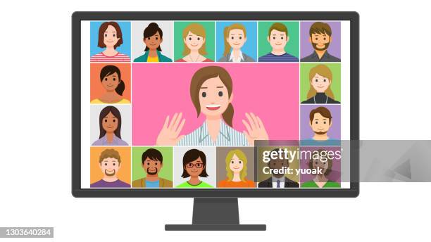 people video conference on computer screen - asian man using computer stock illustrations