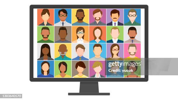 people video conference on computer screen - asian video call stock illustrations