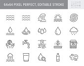 Water line icons. Vector illustration include icon outline plastic bottle, sea waves, water well, typhoon, tsunami, sunset, tornado pictogram for aqua resources. 64x64 Pixel Perfect Editable Stroke