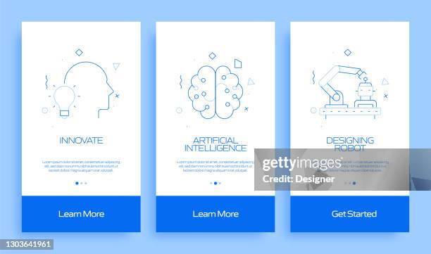 robotics engineering concept onboarding mobile app page screen with flat icons. ux, ui design template vector illustration - engineer tablet stock illustrations