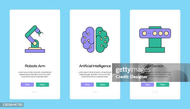 robotics engineering concept onboarding mobile app page screen with flat icons. ux, ui design template vector illustration - engineer tablet stock illustrations