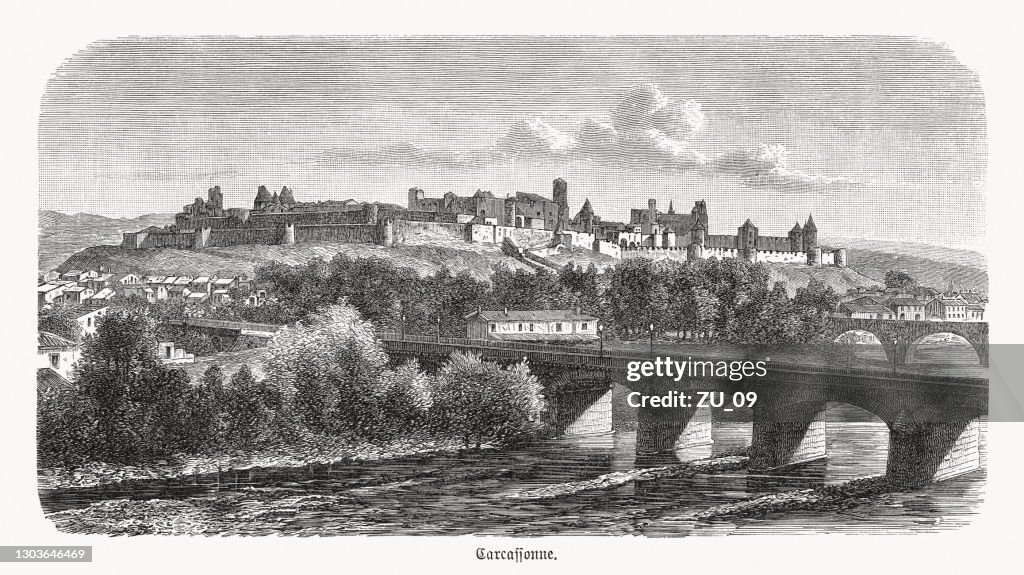 Historic view of Carcassonne, France, wood engraving, published in 1893