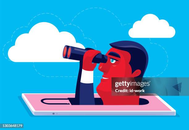 mann sucht mit fernglas und smartphone - looking away stock-grafiken, -clipart, -cartoons und -symbole