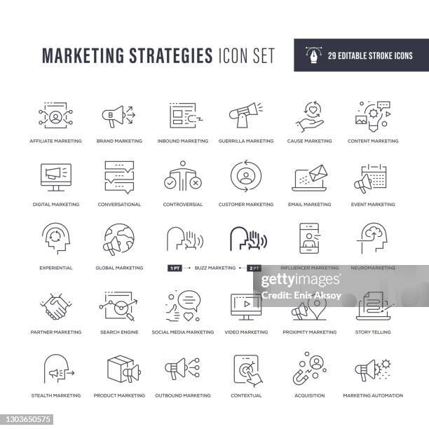 stockillustraties, clipart, cartoons en iconen met marketingstrategieën bewerkbare lijnregelpictogrammen - socialmediamarketing