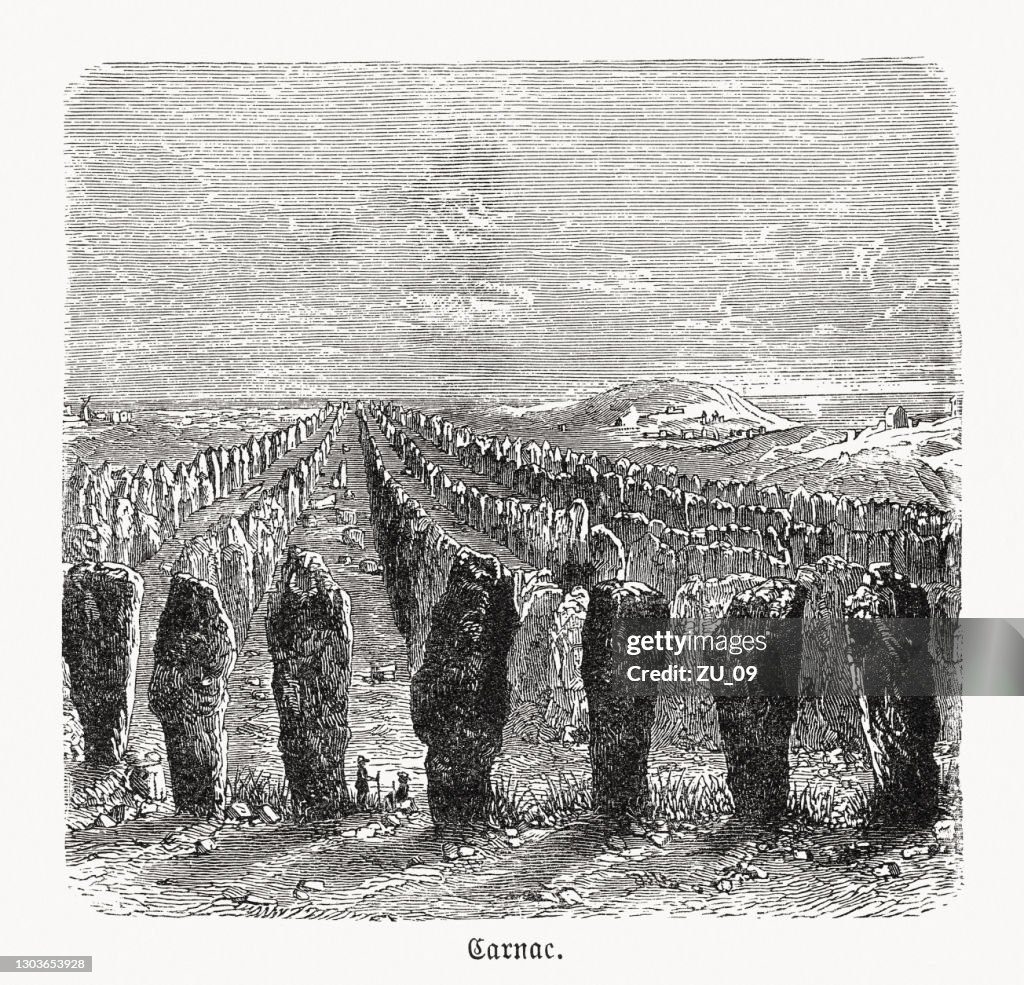 Carnac stones, Brittany, France, wood engraving, published in 1893