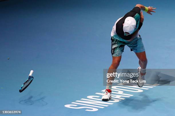 James Duckworth of Australia smashes his racquet in frustration in his Men's Singles first round match against Yannick Hanfmann of Germany on day two...