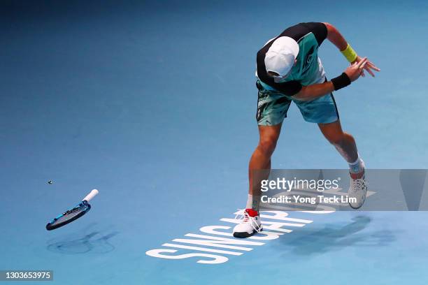 James Duckworth of Australia smashes his racquet in frustration in his Men's Singles first round match against Yannick Hanfmann of Germany on day two...