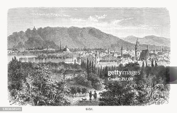 historische ansicht von kassel, hessen, deutschland, holzstich, veröffentlicht 1893 - kassel stock-grafiken, -clipart, -cartoons und -symbole