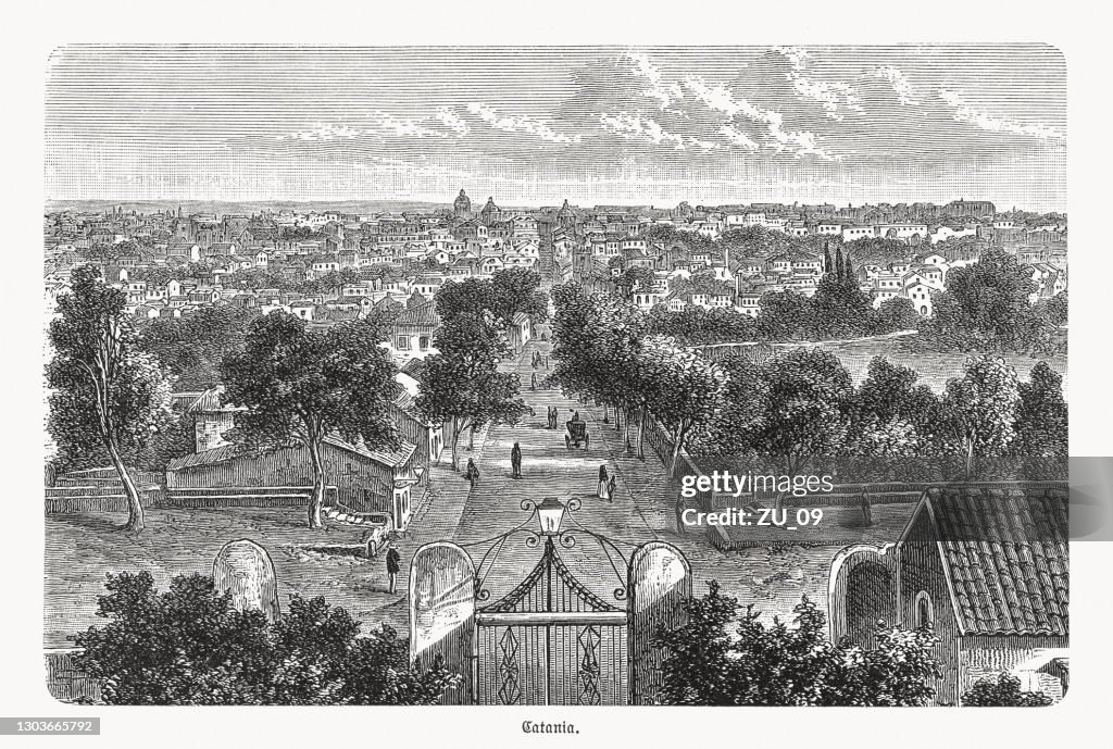 Historical view of Catania, Sicily, Italy, wood engraving, published 1893