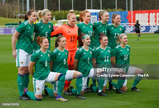 The Northern Ireland team line up prior to the Women's International Friendly match between England and Northern Ireland at St George's Park on...