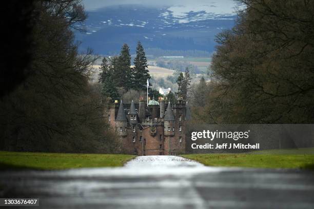 General view of Glamis Castle on February 23, 2021 in Glamis, Scotland. Simon Bowes-Lyon, a distant cousin of Queen Elizabeth, pleaded guilty to...