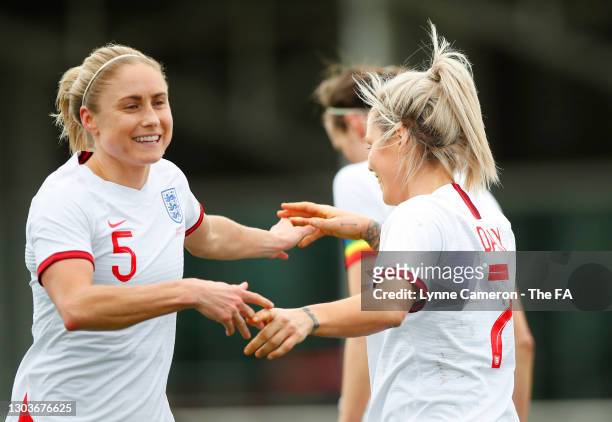 Rachel Daly of England celebrates with teammate Steph Houghton during the Women's International Friendly match between England and Northern Ireland...