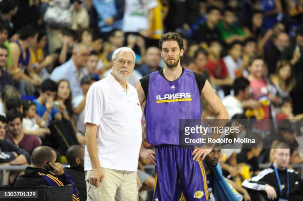 Pau Gasol, #16 of Los Angeles Lakers and Phil Jackson, head coach during the training as part of Euroleague Basketball NBA Europe Tour at Palau...