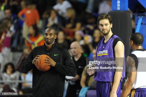 Pau Gasol, #16 of Los Angeles Lakers and Kobe Bryant, #24 in action during the training as part of Euroleague Basketball NBA Europe Tour at Palau...