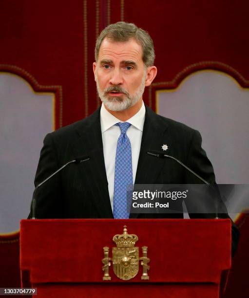 King Felipe VI of Spain attends 40th anniversary of 23-F at the Spanish Parliament on February 23, 2021 in Madrid, Spain.