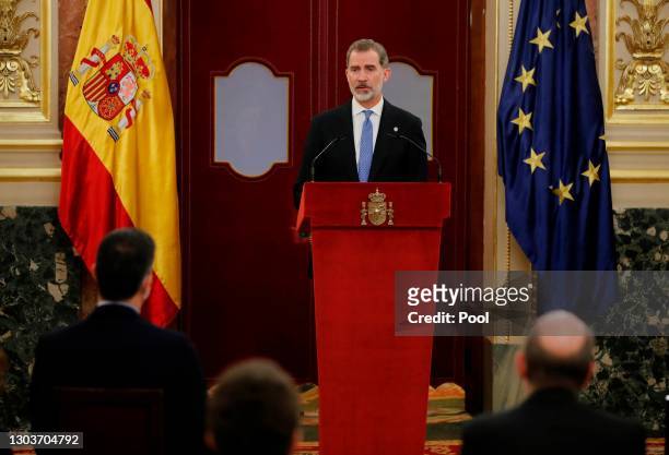 King Felipe VI of Spain attends 40th anniversary of 23-F at the Spanish Parliament on February 23, 2021 in Madrid, Spain.