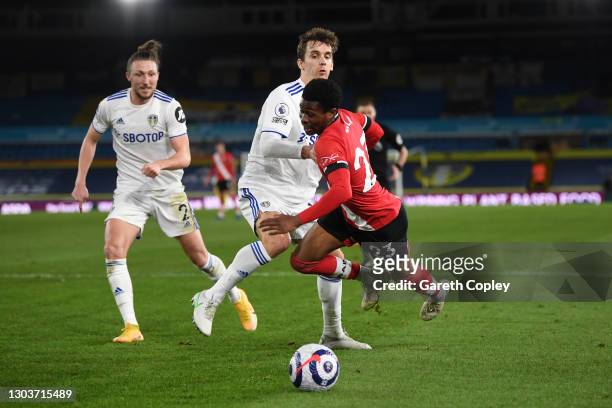 Nathan Tella of Southampton is fouled by Diego Llorente of Leeds United, leading to a penalty which is later overturned by VAR during the Premier...