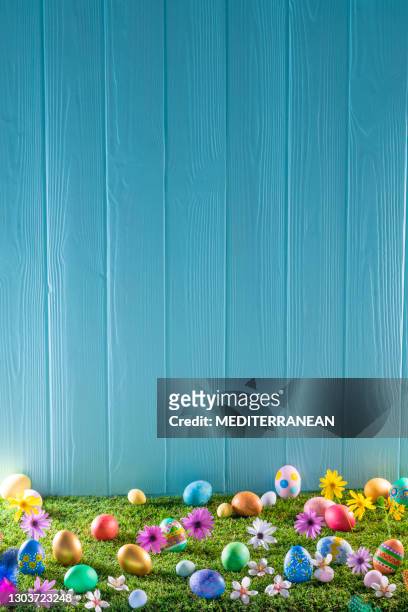 easter eggs on turf grass and blue wooden wall with spring flowers - easter background stock pictures, royalty-free photos & images